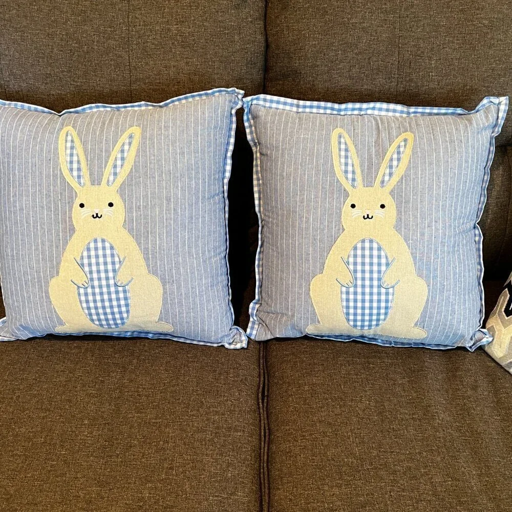 Set of Two 15” Square Bunny Rabbit Pillows Blue Gingham Print With Tails Country